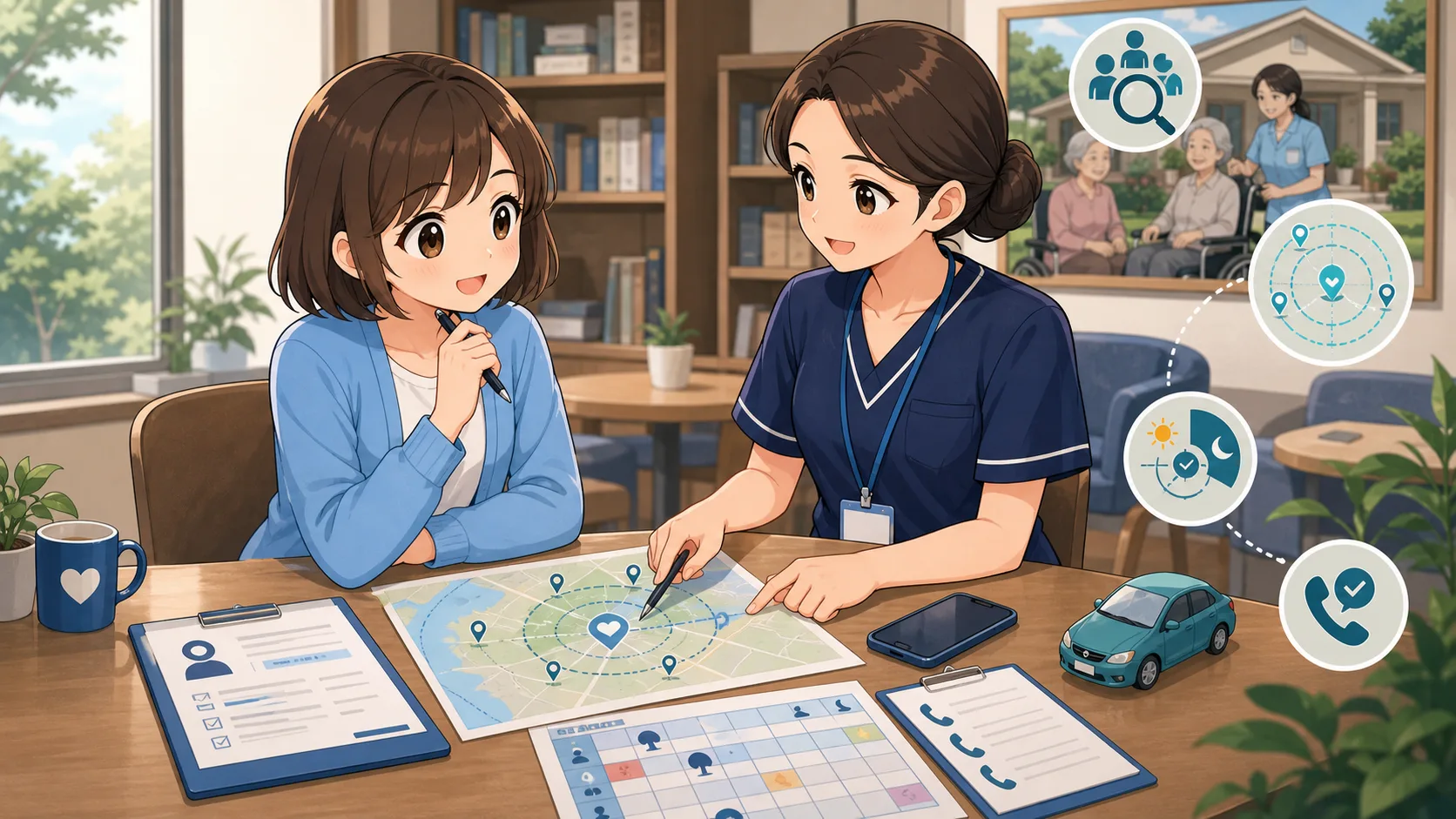 ผู้สมัครงาน aged care กำลังวางแผนพื้นที่สมัครงานกับพี่เลี้ยงโดยดูแผนที่ resume และตาราง availability
