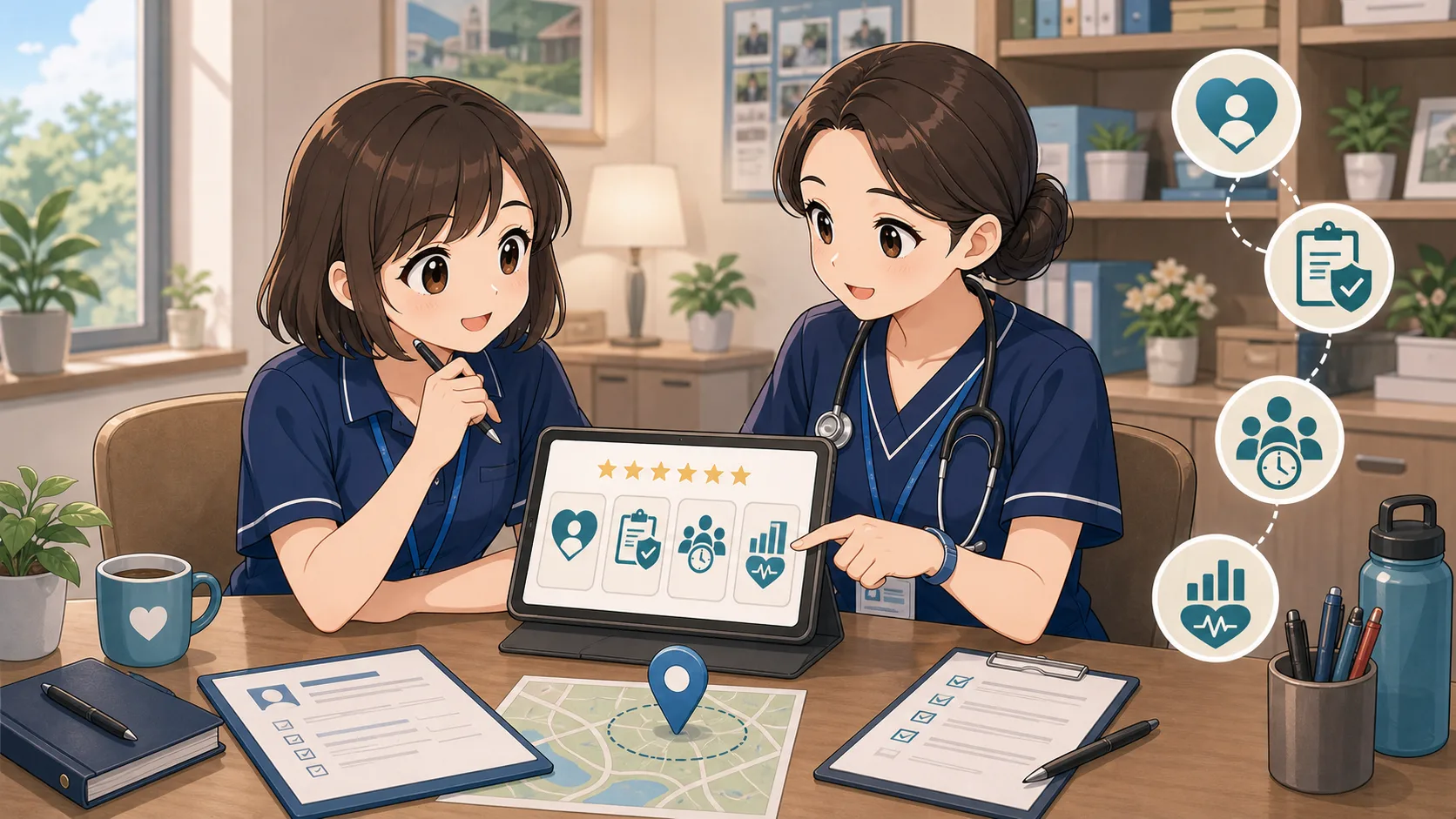 ผู้สมัครงาน aged care กำลังดู Star Ratings และหมวด resident experience compliance staffing quality measures กับพี่เลี้ยง