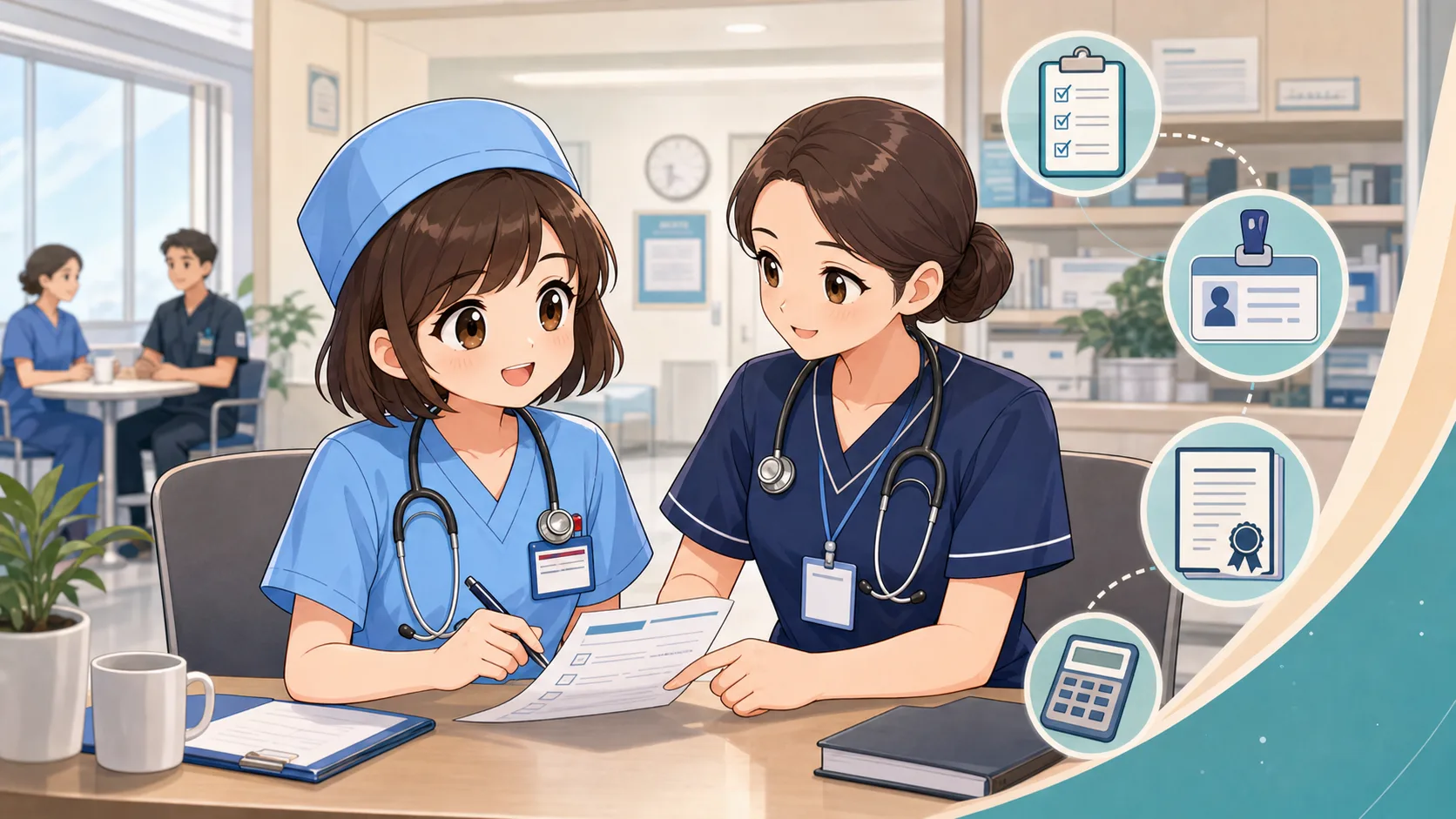 พยาบาลไทยกำลังอ่านเอกสาร contract payslip และ classification กับพยาบาลคนมีประสบการณ์